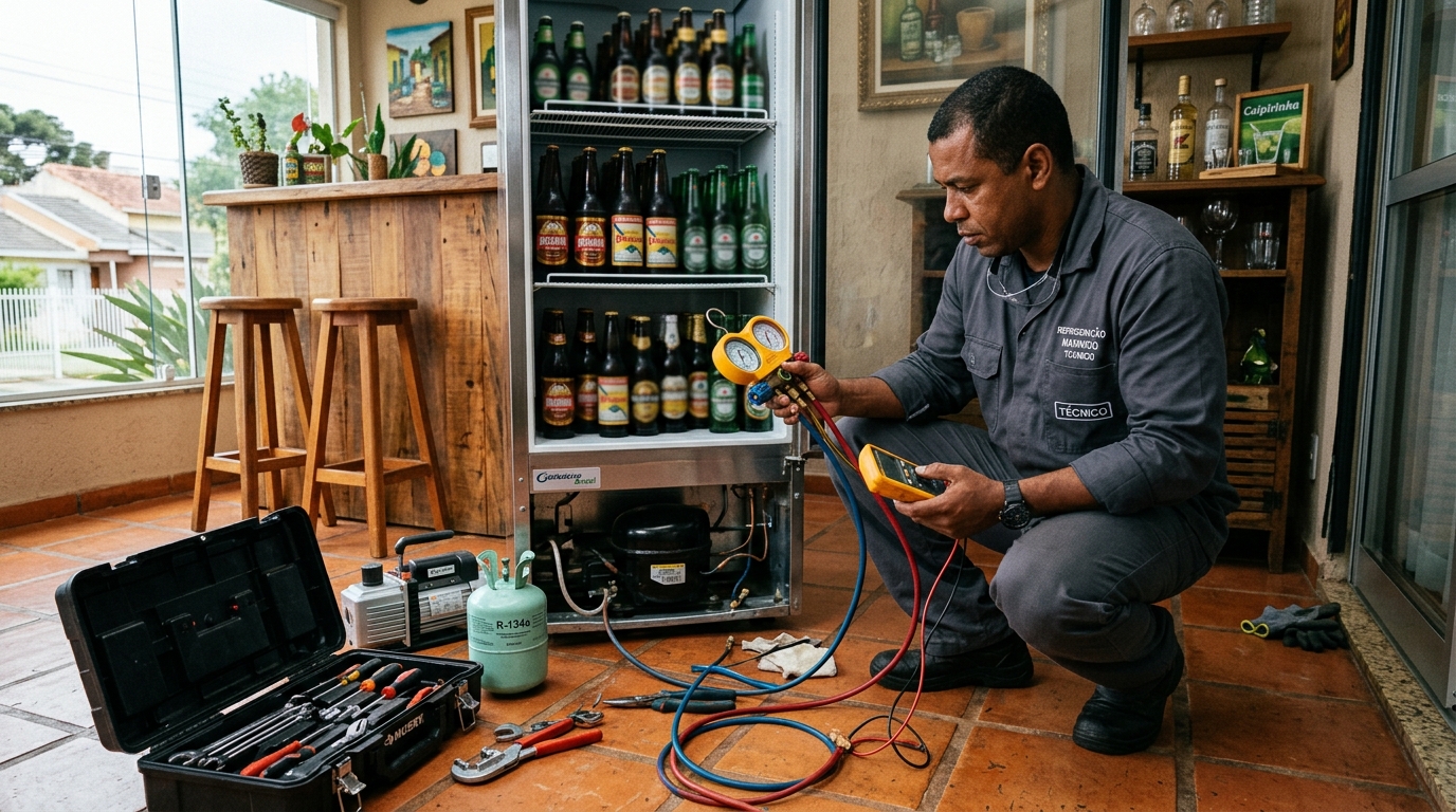 Profissional executando reparo no motor de cervejeira em Serra‑ES