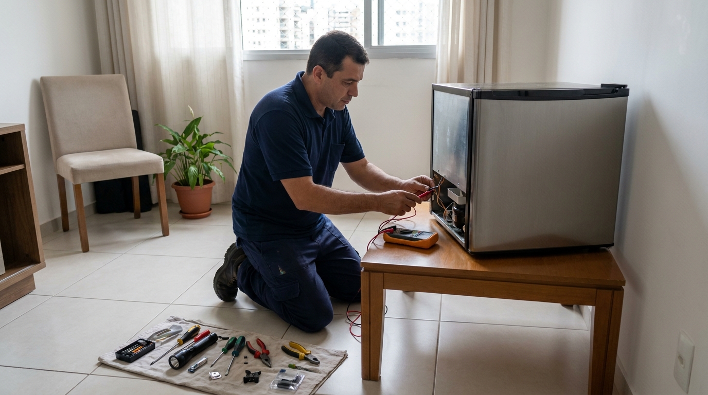 Técnico fazendo manutenção do motor de frigobar em Serra‑ES