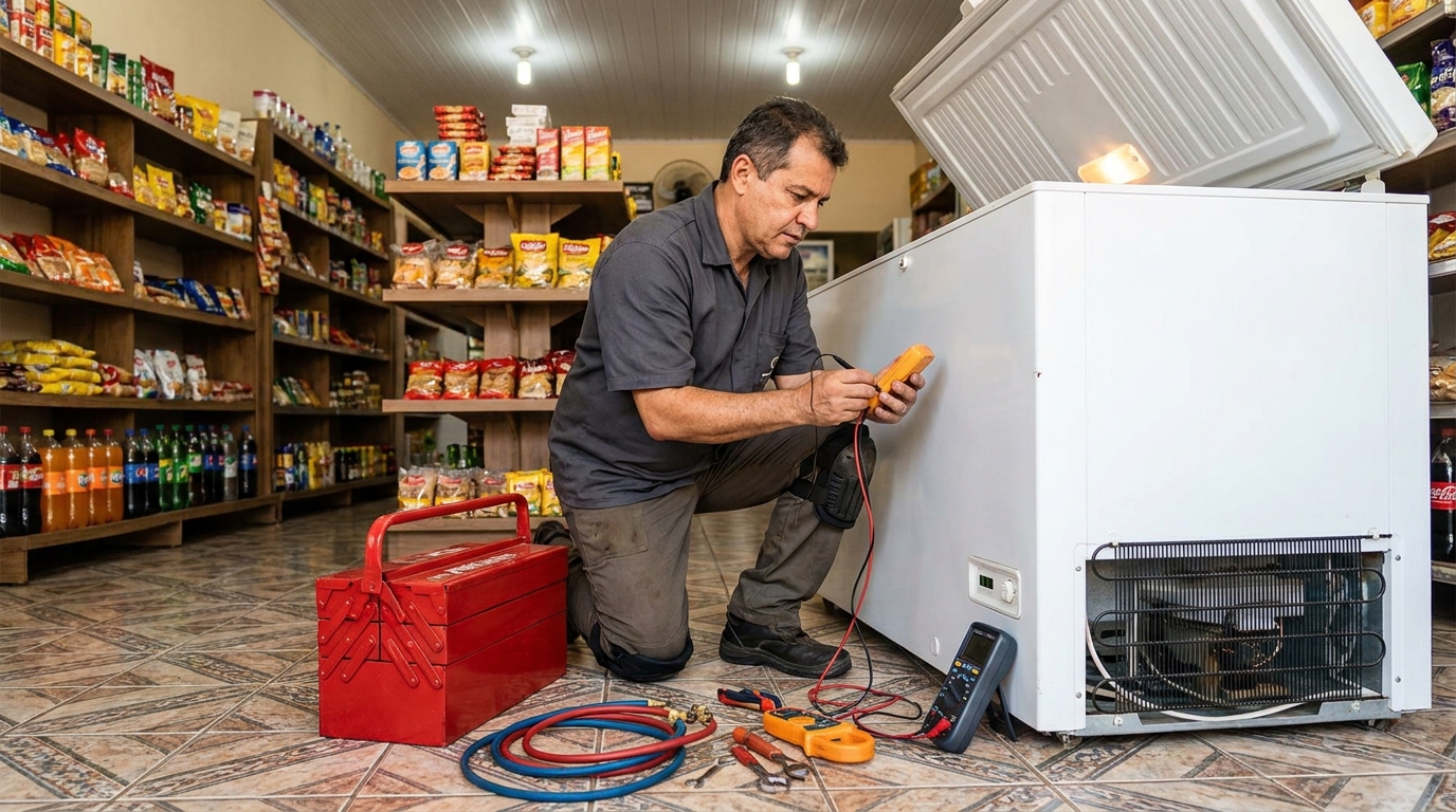 Recarga de gás refrigerante no freezer durante atendimento em Serra‑ES