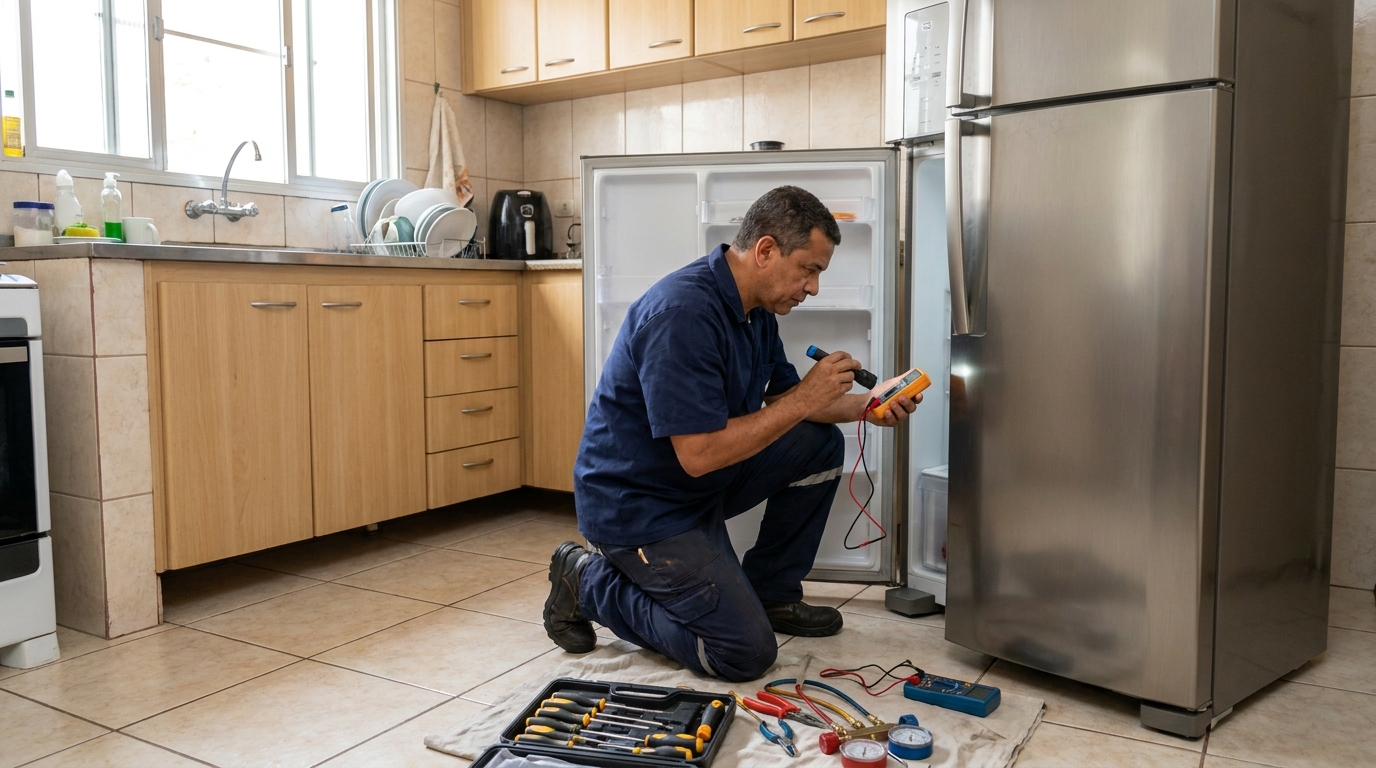 Técnico aplicando recarga de gás refrigerante em geladeira em Serra‑ES